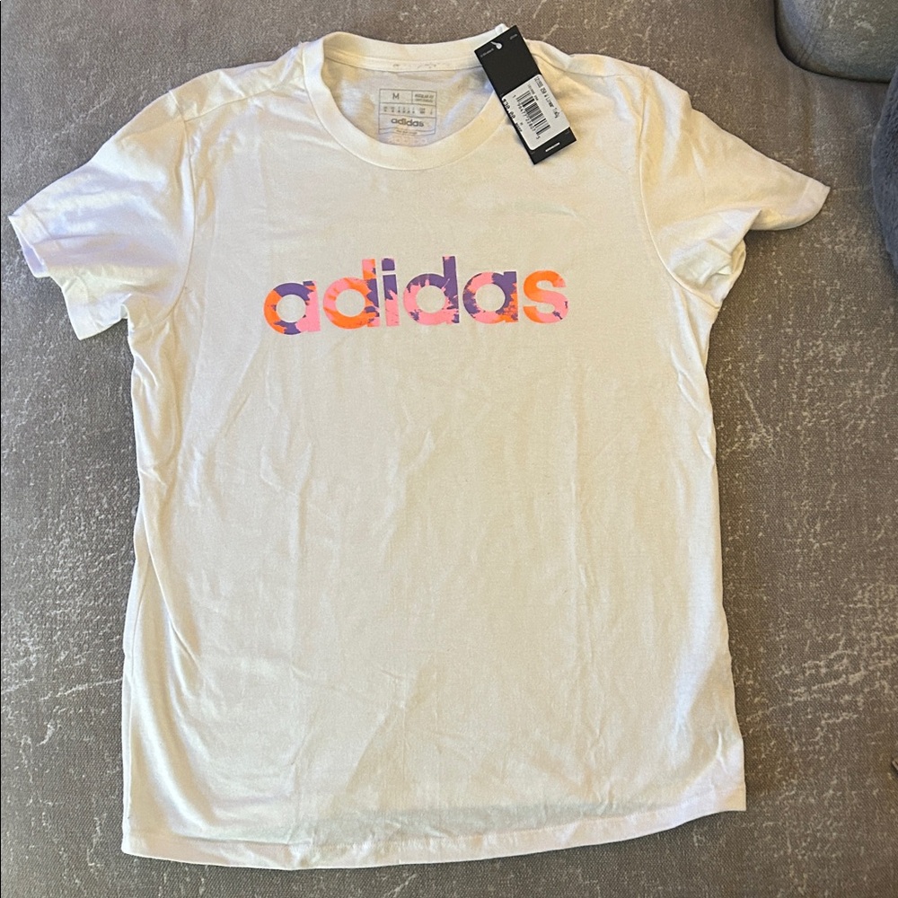 Adidas White Tee with Multicolor Logo